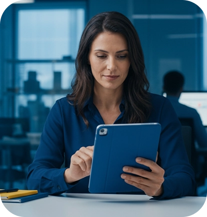 Empresaria a gerir a empresa em tablet